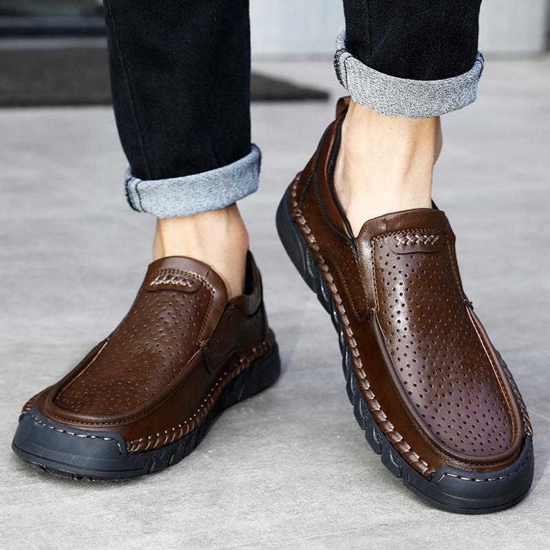 Men's Hollow Leather Shoes Handmade Moccasins Loafers Slip On Flats Walking Shoes