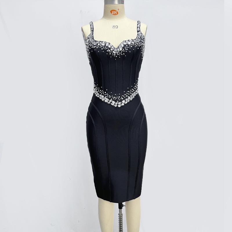 Heavy Sewing Diamond Sling Bandage Evening Dress