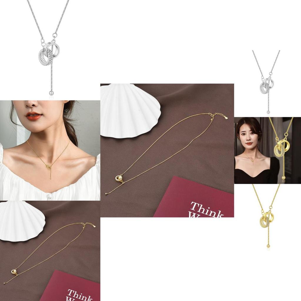 Elegant Gold And Silver Geometric Double Ring Necklace With Sparkling Rhinestones