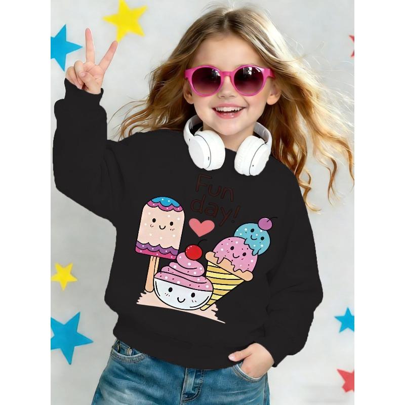 Kids Crewneck Sweatshirt, Cute Cartoon Ice Cream Print Long Sleeve Casual Top for Spring Autumn