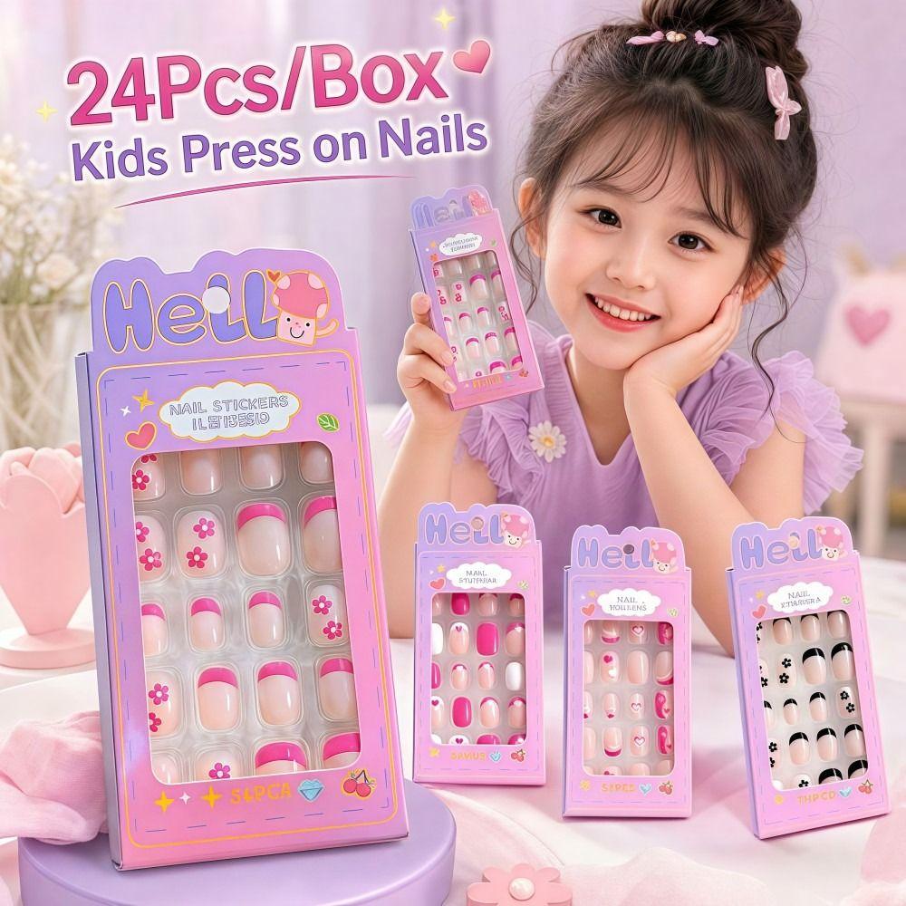24Pcs/Box Cartoon Kids Press On Nails Black Flower French Tips False Nails Full Cover Fake Nails for Children Daily Holiday Wear