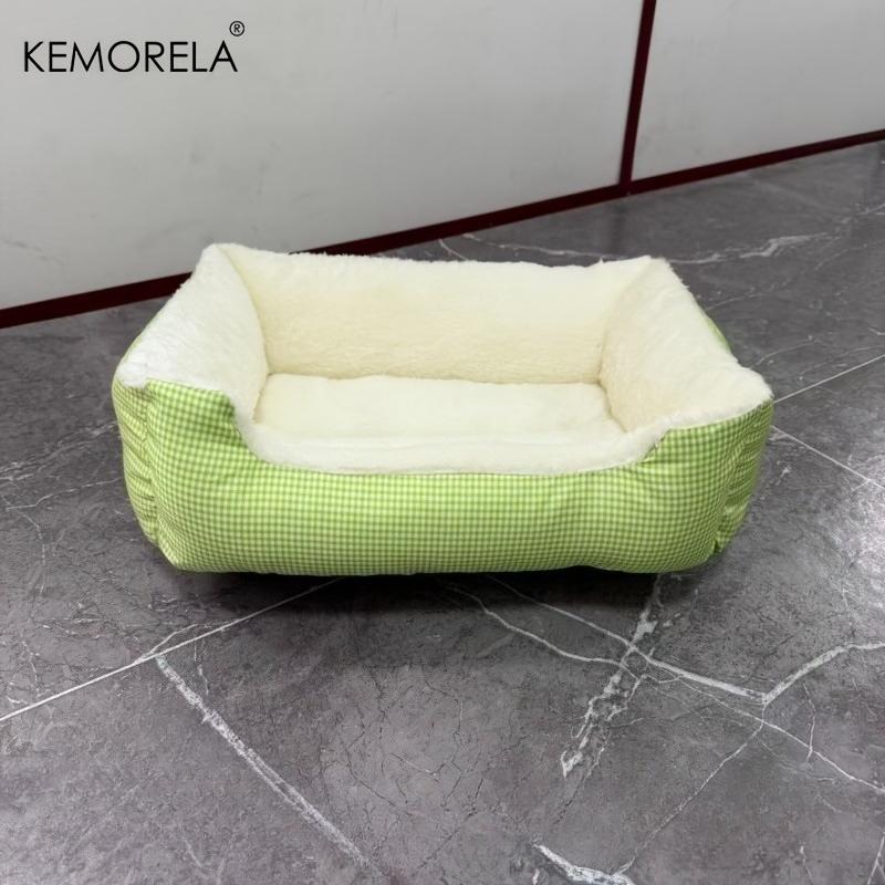 KEMORELA Square Plush Pet Bed for Winter, Pastoral Pet Sofa Bed Macaron-colored Plaid High Elasticity Thickened Comfort Warm
