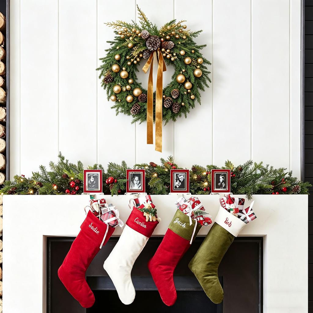 60CM Artificial Christmas Wreath with Pine Cones Bells and Decorative Bow for Door Wall Fireplace Hanging Seasonal Home Decoration