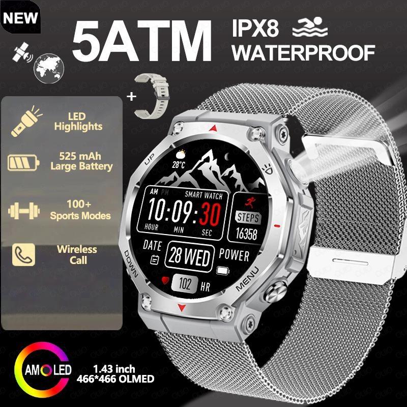 2026 New Flashlight-UV Light Smart Watch 5ATM Waterproof 1.43 Inch AMOLED Heart Rate 100 Sport Modes Bluetooth Call Smart Watch