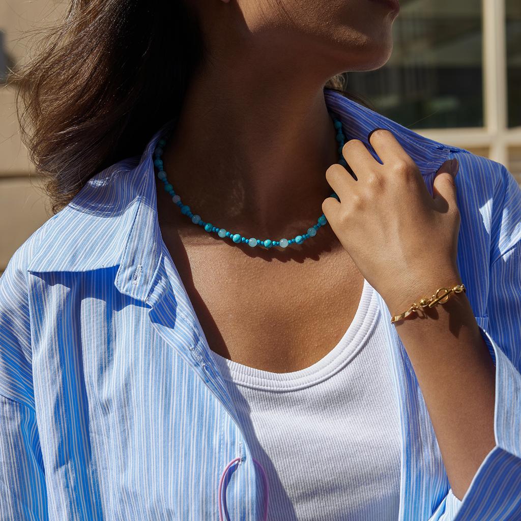 Youthway Blue Turquoise + Natural Stone Bead Necklace with Stainless Steel Chain Tail Suitable for Vacation Wear Women Necklace