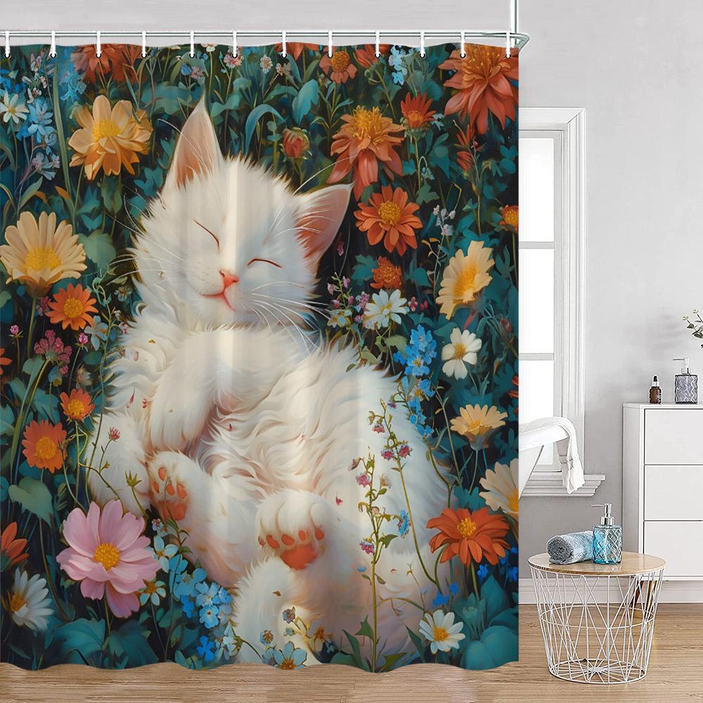 Grappige Katten Douchegordijn Katten Rijden op Haaien Cool Schattige Katten Honden Bloemen Zomer Badkamer Decoraties Polyester Badgordijn