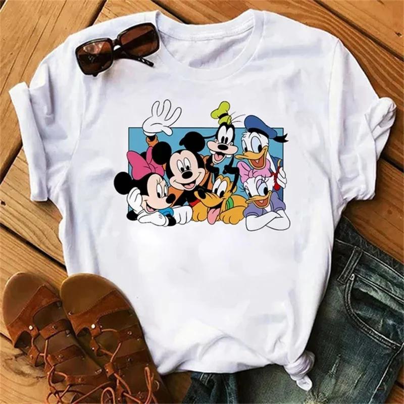 Fashion Cute Disney Mickey Minnie Cartoon Graphic Printed Women T-Shirt Casual O-Neck Short Sleeves Streetwear Female Tops Tees