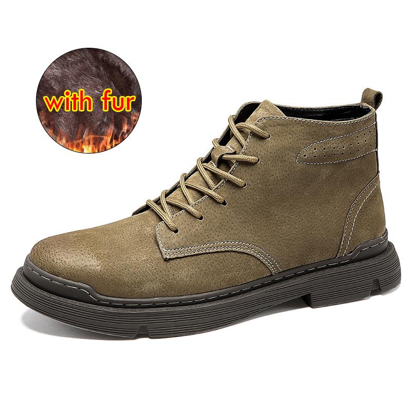 Classic Suede Leather Men Boots With Fur Lace Up Ankle Boots Autumn And Winter Footwear For Male Hombres Botas