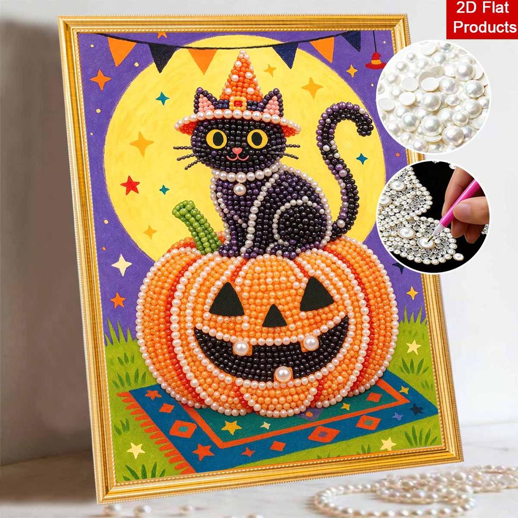 DIY 3D Pearl Painting Canvas Halloween Black Cat Pumpkin Pattern Relaxing Leisure Craft Kit for Adults Home Wall Decoration