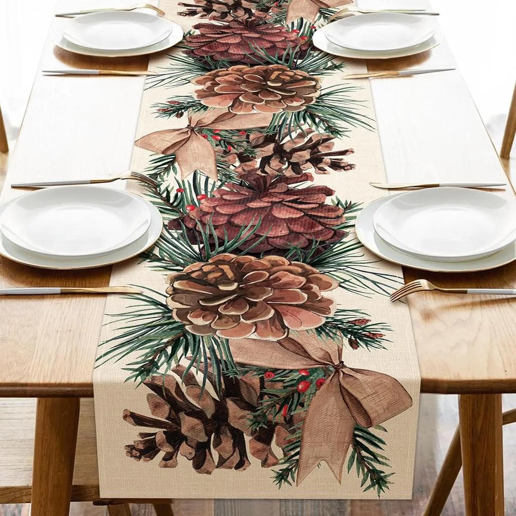Christmas Pine Cone Pine Needle Branch Berry Linen Table Runner for Table Decor Winter Xmas Table Runners Christmas Decorations