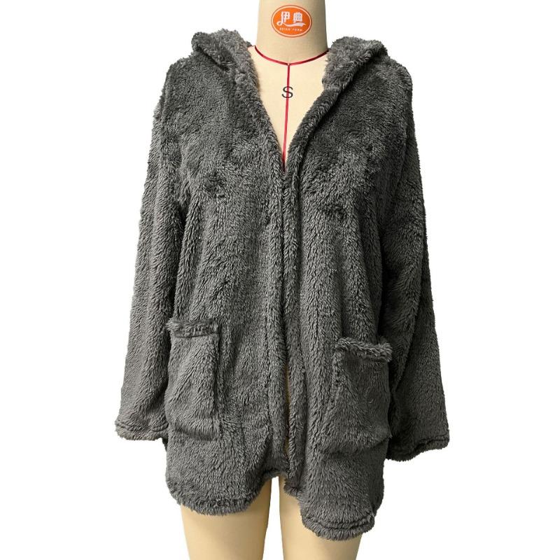 Herbst Winter Basic Jacken Damen Strickjacke Doppeltasche Kapuze Einfarbig Fleece Strickjacke Jacken & Mäntel
