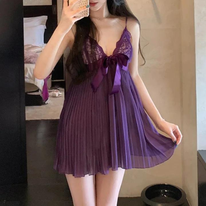 

Pure desire style advanced pajamas bow sexy lace pleated suspender pajamas women s exquisite One size fits all фіолетовий