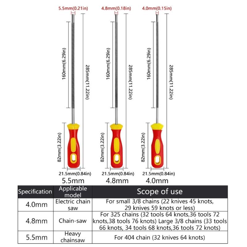 3pc/Set Durability Metal Chainsaw Chain Sharpener 4/4.8/5.5mm Round File,for 3/8" Saw Chain Maintenance Garden Hand Tool