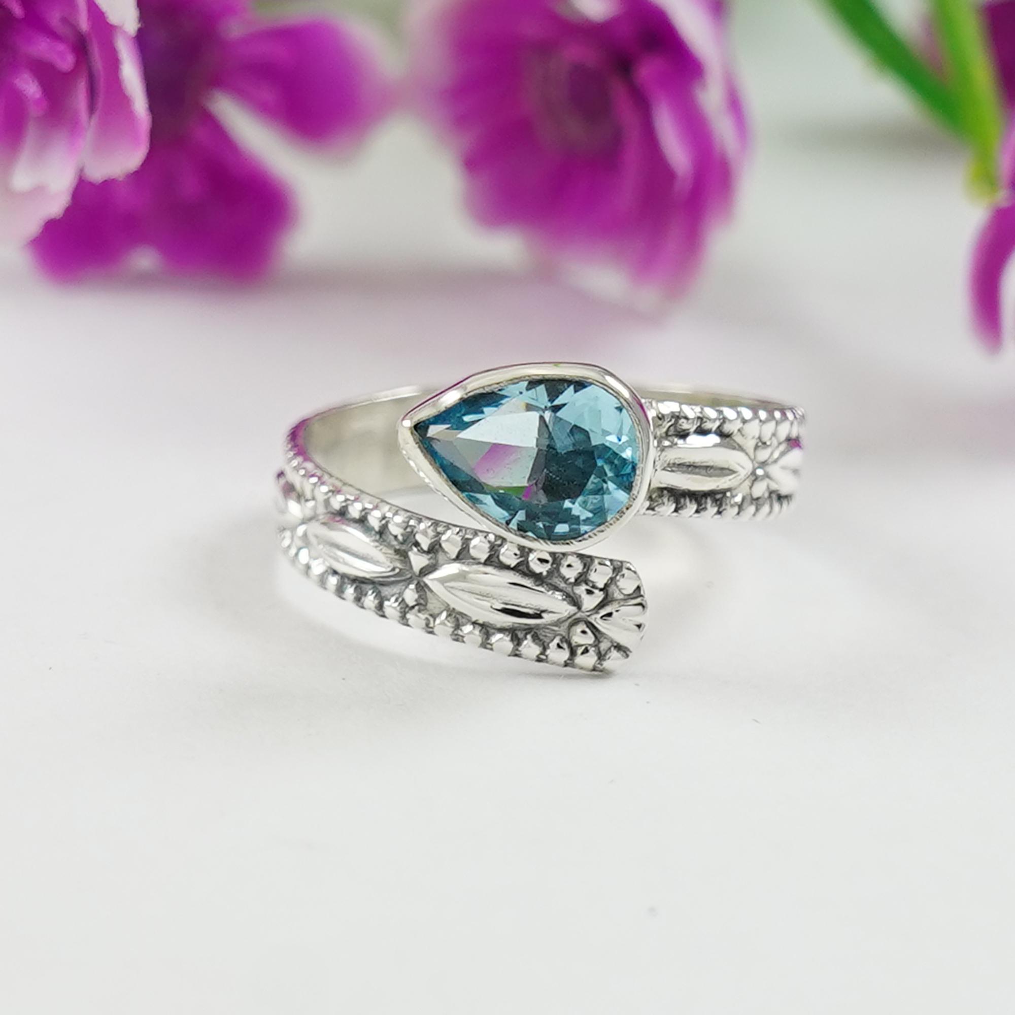 

Blue Topaz Designer Band Ring, Handmade 925 Sterling Silver Ring, Teardrop Gemstone Ring, Gift for Sister, December Birthstone 12