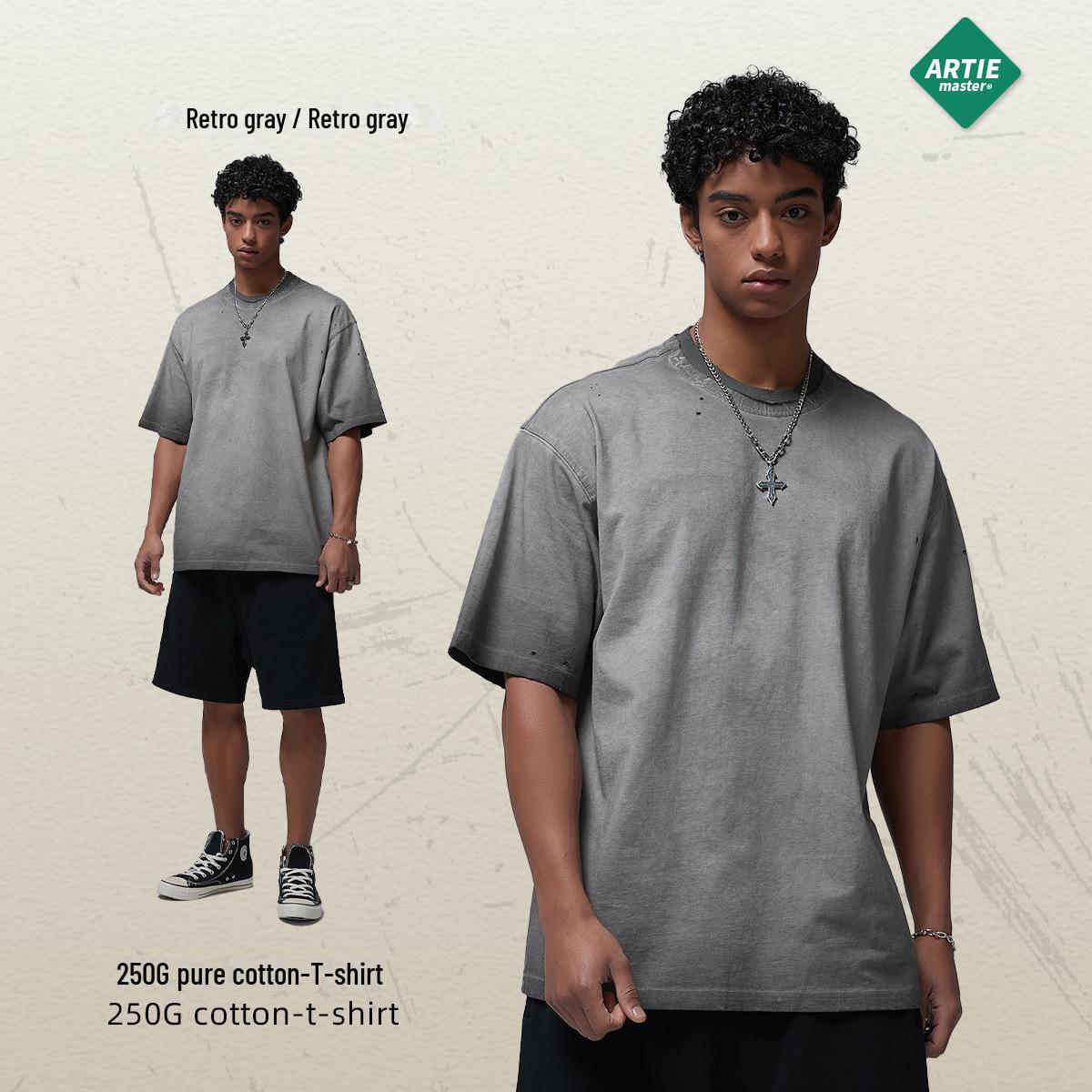 

Мужская футболка в стиле ретро весна/лето 2025 г.: Невыцветающий цвет, потертый край, свободный выстиранный стиль S