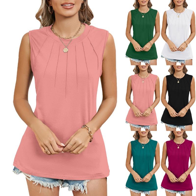 Dámský letní jednobarevný top s kulatým výstřihem, bez rukávů, volná vesta, tričko, halenka