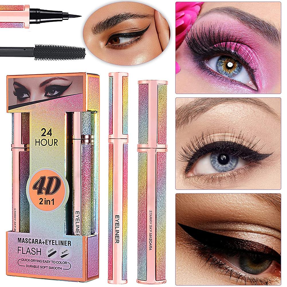 4D Silk Fibre Mascara and Eyeliner Set Smudge Proof Curling Mascara Liquid Eye Liner Pencil Eye Make Up Tool