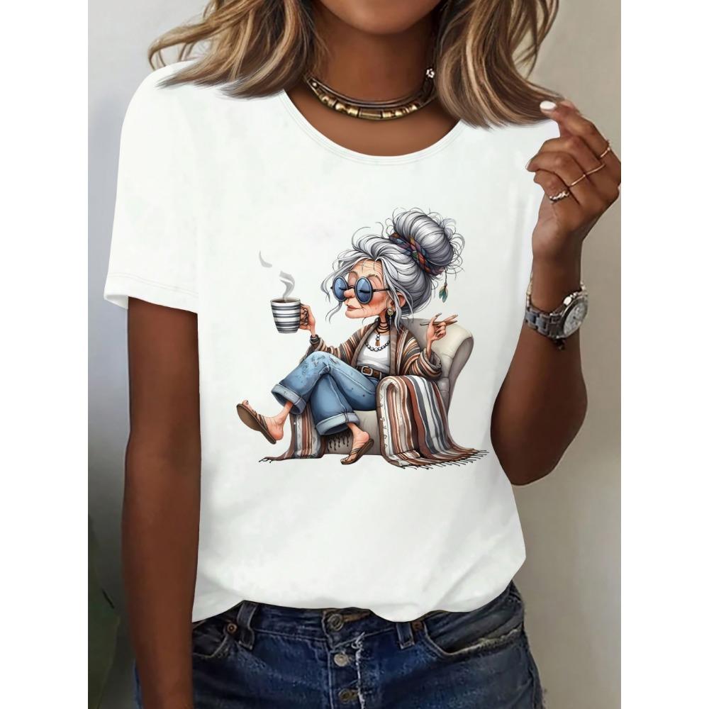 Elegant Granny Graphic Print Women's Summer Casual Short Sleeved T-Shirt Cute Playful Round Neck Tees Top Casual Woman Clothes