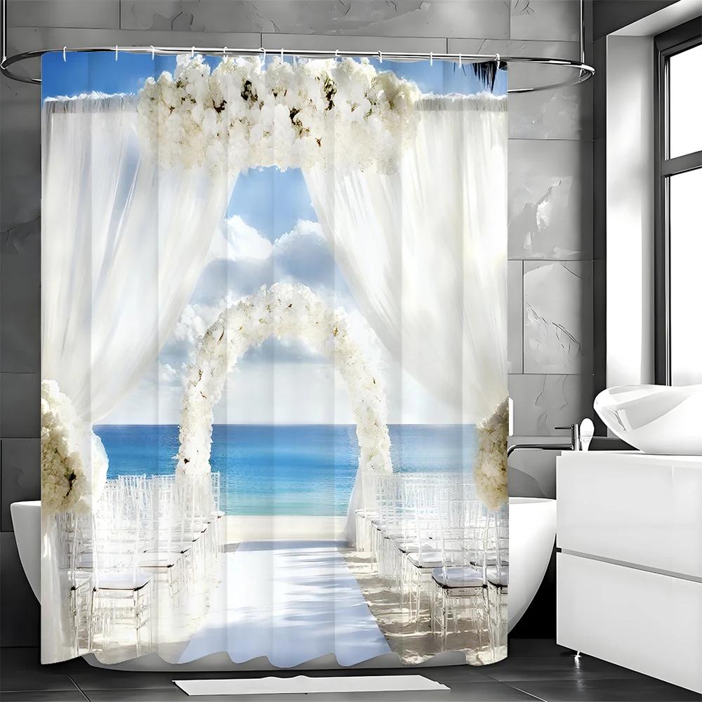 Květinový sprchový závěs pro svatební scénu u moře, Dekorativní sprchový závěs do koupelny, Vodotěsný sprchový závěs s háčky