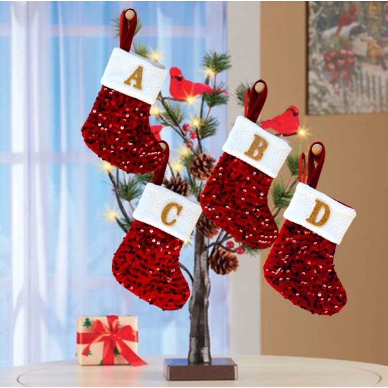 New creative DIY silver sequined knitted socks red letter christmas stockings christmas day decorative knickknacks