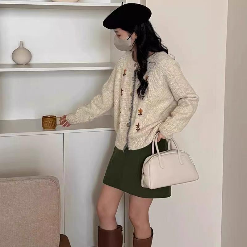 Japanese Soft Knit Round Neck Floral Embroidery Cardigan for Women - Autumn Winter Lazy Style Sweater Coat