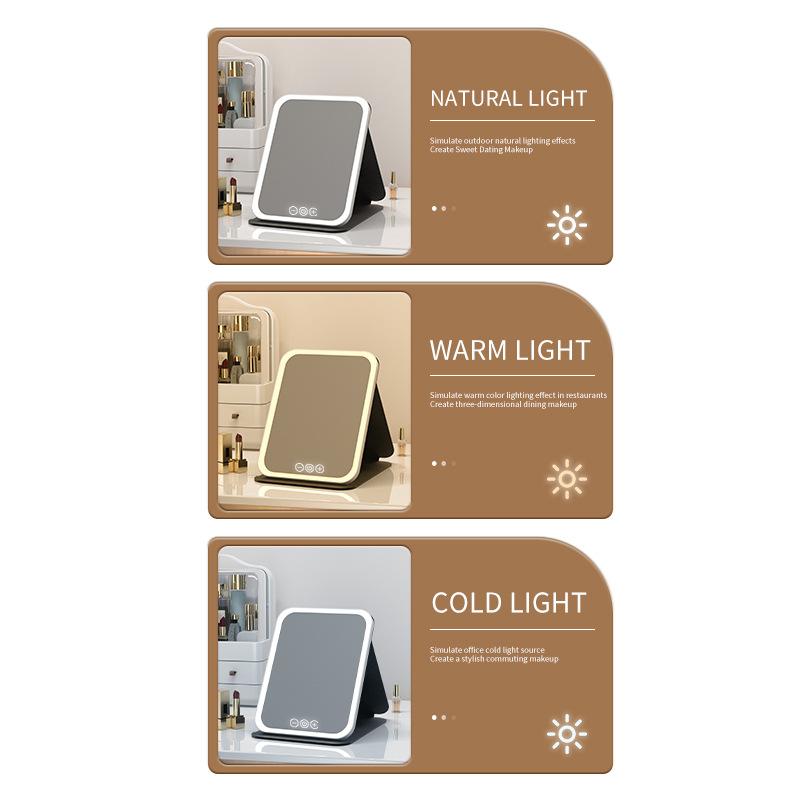 LED Makeup Mirror Portable Foldable with Light Rechargeable Makeup Mirror Desktop Fill Light Leather Shell Mirror
