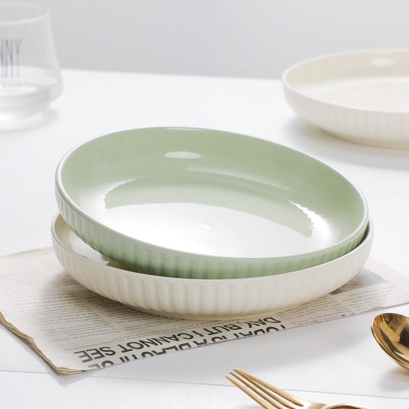 Milky White & Green Ceramic Deep Soup Plate, Microwaveable - Creative Round Tableware.
