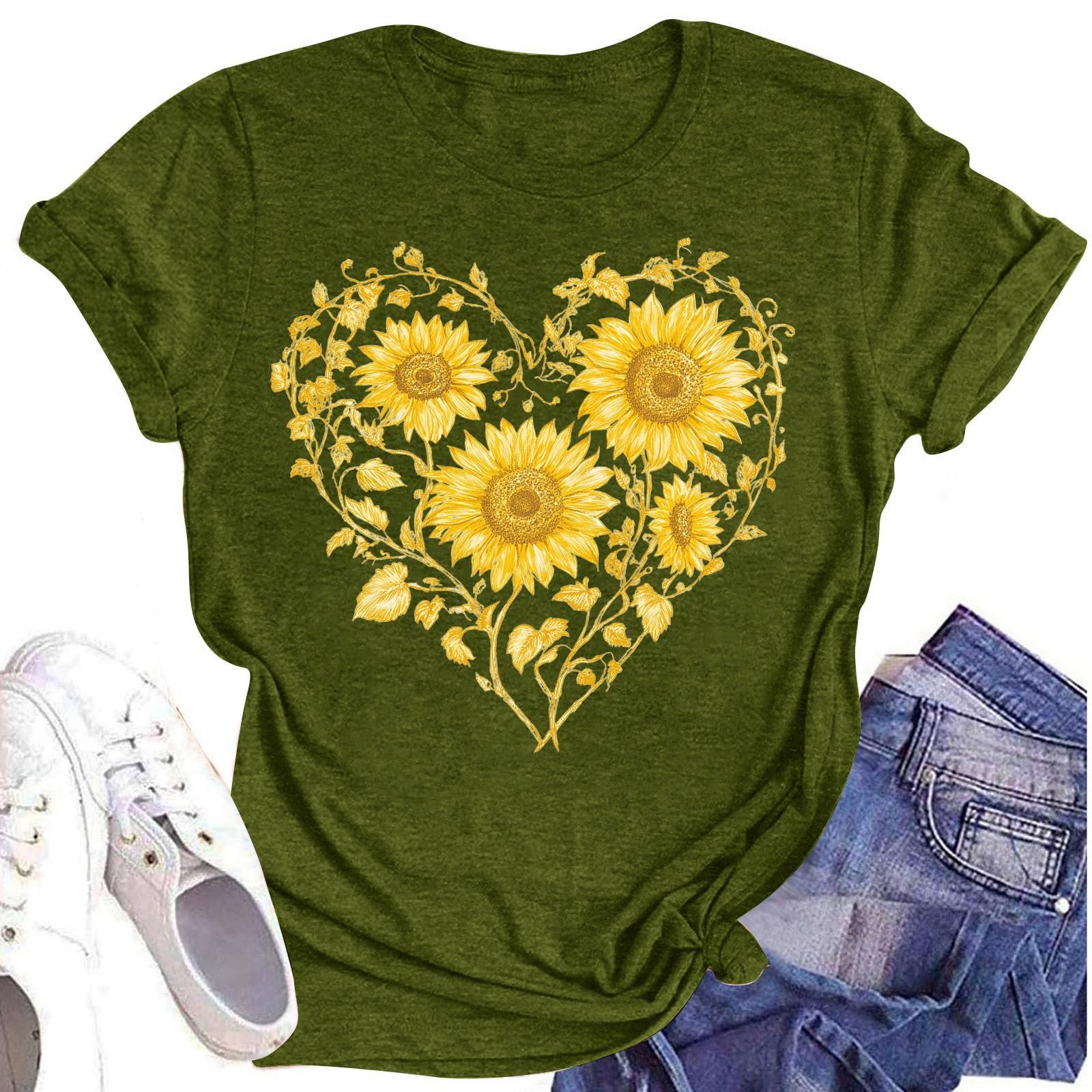 

Женская повседневная футболка с круглым вырезом и цветочным принтом, короткий рукав L армия зеленый