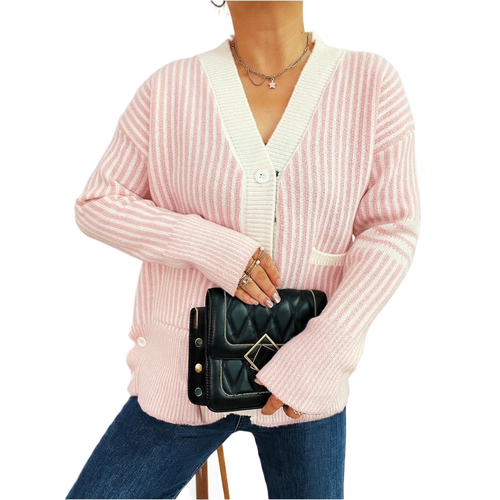 

Women s Fashionable Casual Retro Vertical Stripe Large Pocket V-neck Single Breasted Long Sleeved Knitted Cardigan Sweater Jacket L