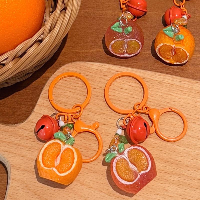 Creative 3D Orange Keychain Bell Pendant Decorative Backpack Accessories Cute Resin Fruit Keychain Couple Small Gift