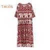 Boho Elephant Floral Print Maxi Dress for Women Oversized Cotton Linen Long Dress Casual Short Sleeve Beach Sundress