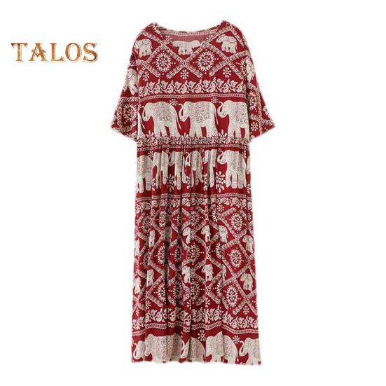 Boho Elephant Floral Print Maxi Dress for Women Oversized Cotton Linen Long Dress Casual Short Sleeve Beach Sundress