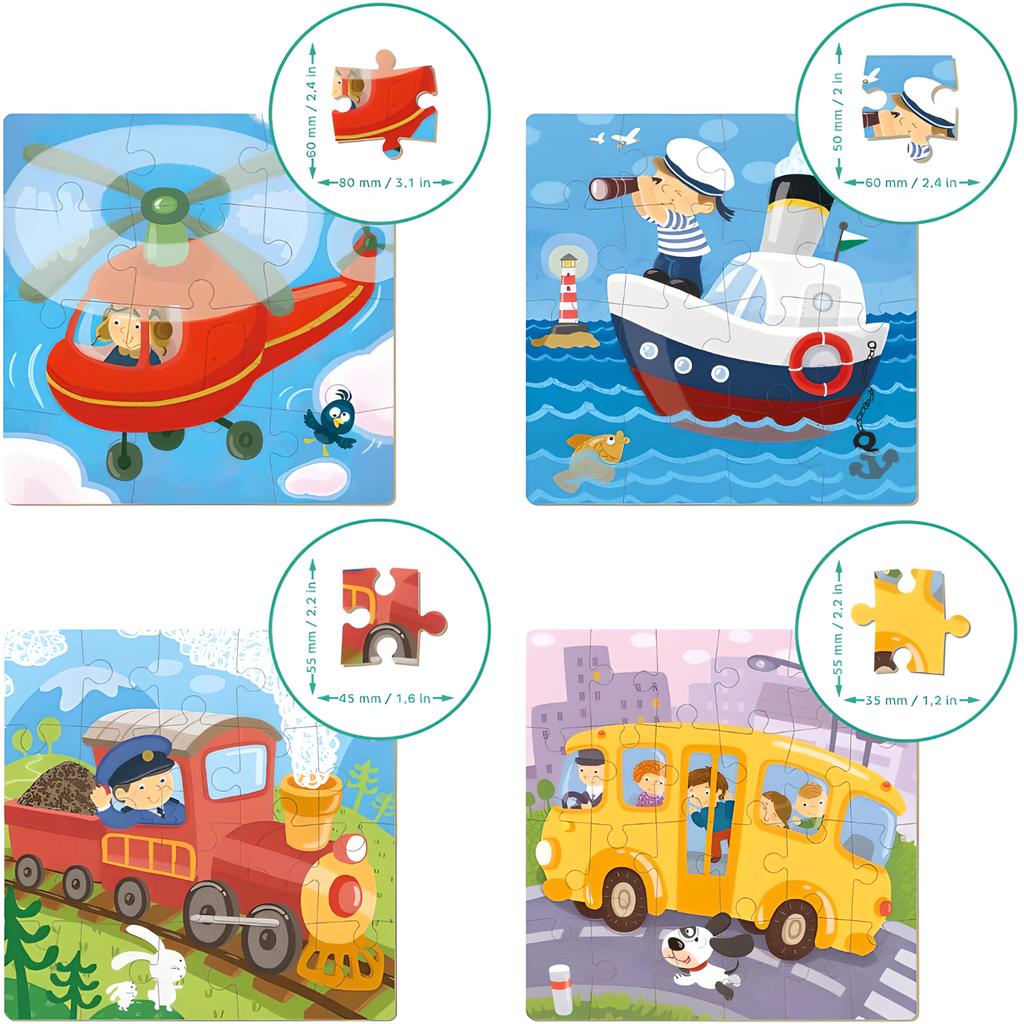 Zestaw Puzzli Edukacyjnych Transport 4W1 - Cztery Układanki Dla Dzieci Rozwijające Umiejętności Poznawcze I Manualne