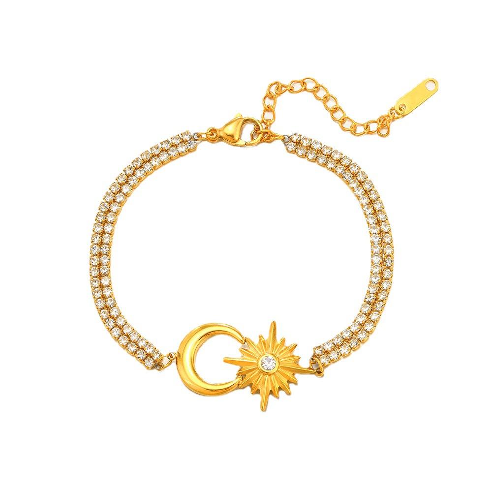 

Fashion Stainless Steel Double Layer Zircon Chain 14k Gold Plated Zircon Star Moon Women Waterproof Bracelet