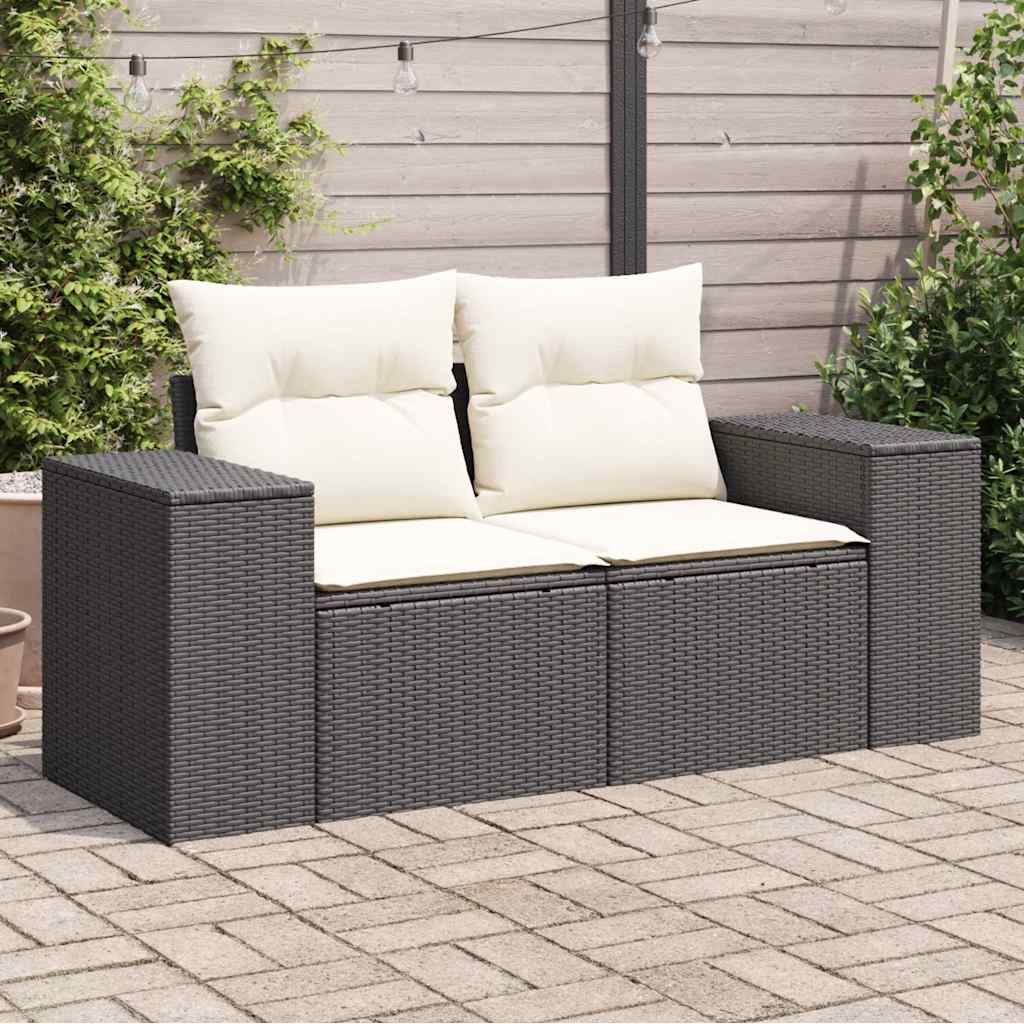 Garden Sofa with Cushions 2 Seater Black Poly Rattan