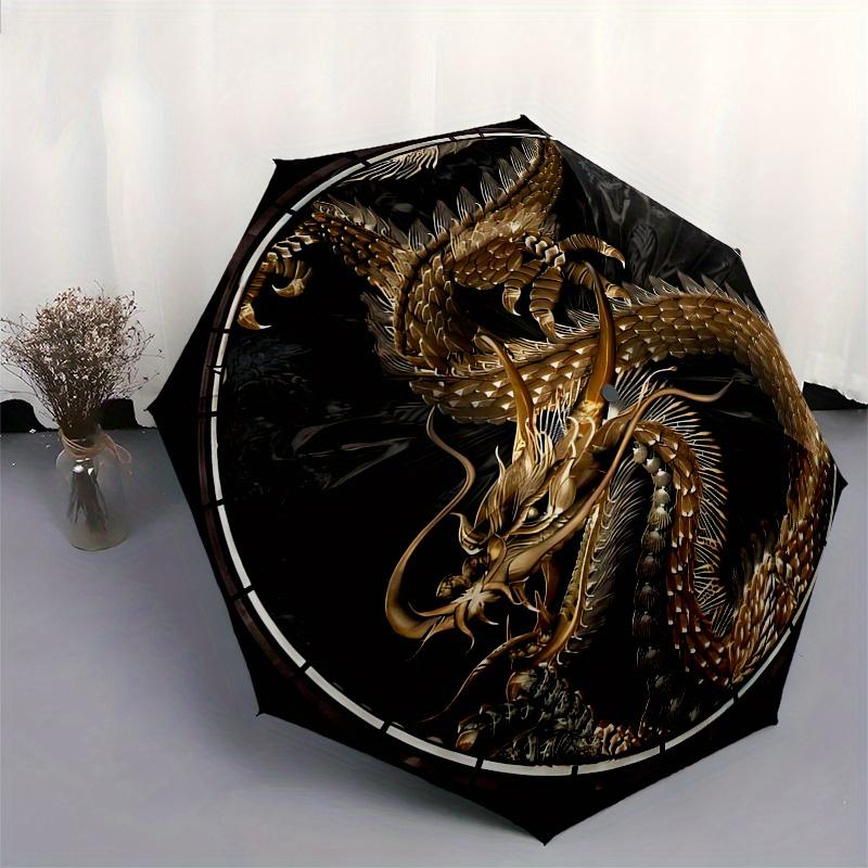Golden Dragon Design 8-Rib Automatic Open Compact Umbrella - 3-Fold Portable Timepiece with Intricate Mythical Creature Art, C