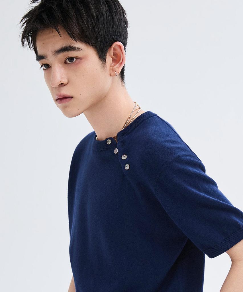 LEIRE Diagonal Henley Neck Short Sleeve Knit [Navy]