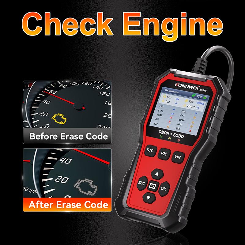 KONNWEI KW340 Car OBD2 Diagnostic Tool CAN EOBD 3in1 Engine Battery Test Read Clear Fault Code Real-Time Data O2 Inspection Tool
