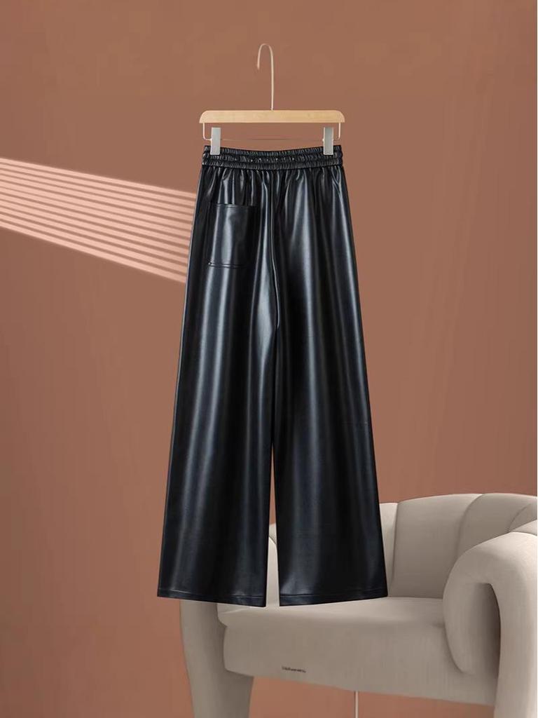 2025 Autumn/Winter Women's High Waist Leather Pants - Stylish Wide-Leg, Loose-Fit, Elastic Drape Trousers
