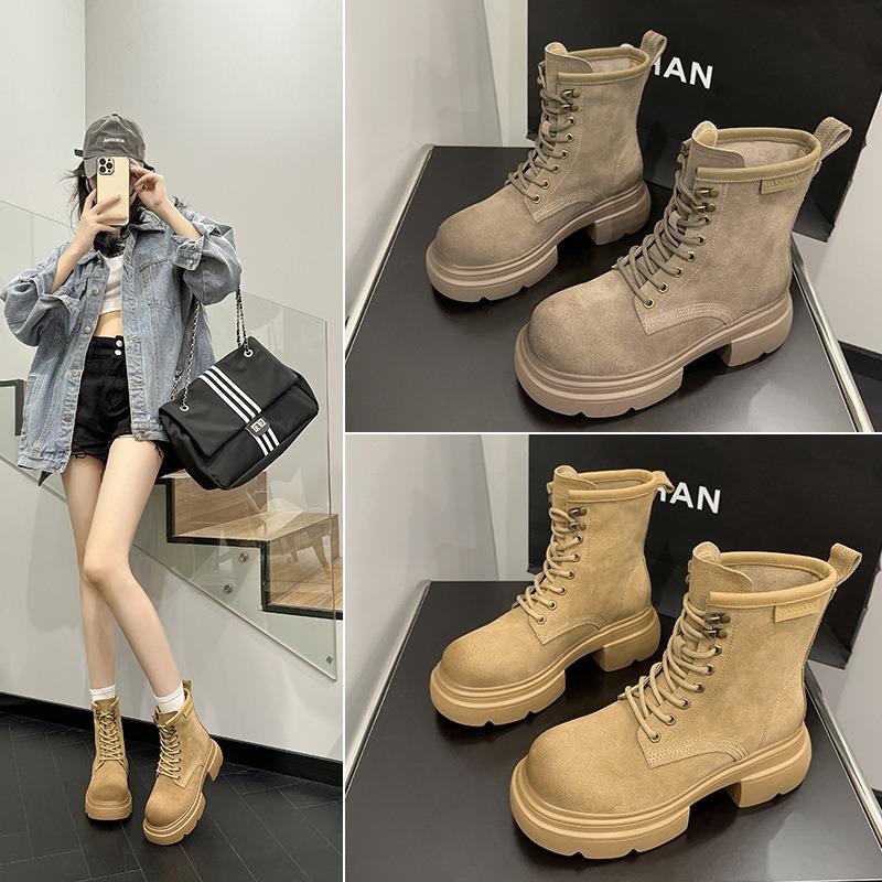 Leather Martin boots women's autumn cow suede retro women's short boots western big head medium boots increase height