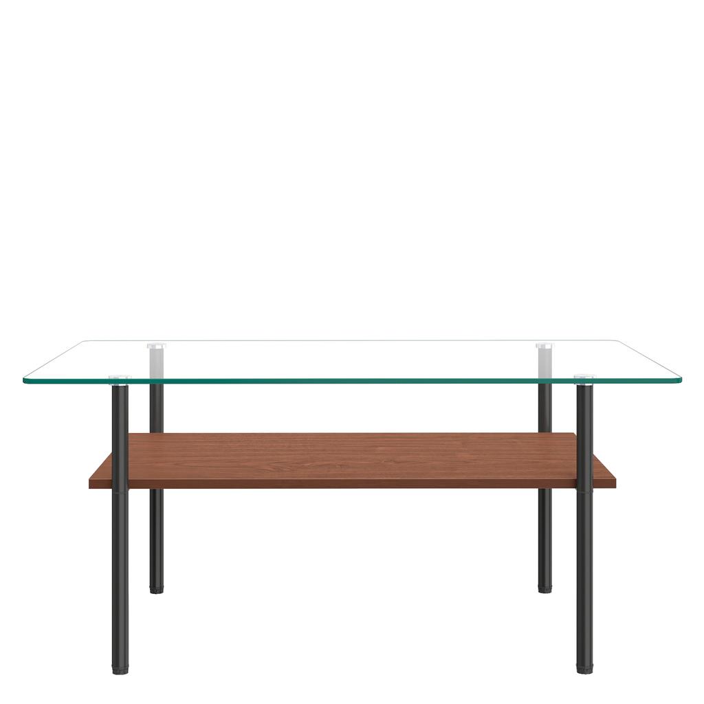 Modern Coffee Table with Glass Top and MDF Shelf, 2-Tier Living Room Table with Metal Frame, Sofa Table with Storage, Black/Wood - H45/W98/D58 cm