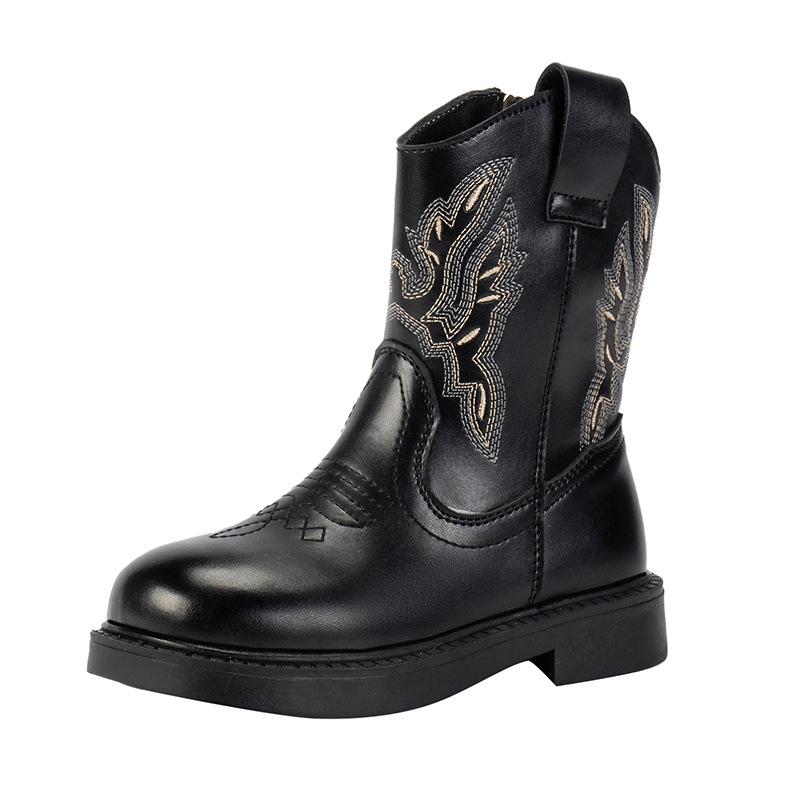 Retro Embroidered Western Cowboy Boots for Children, Fashionable Square Toe Ankle Boots, Knight Boots