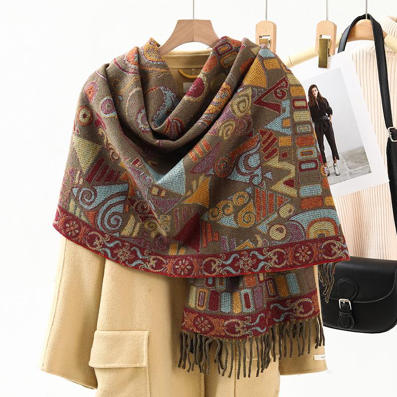 Jacquard Scarf Shawl with Decorative Imitation Cashmere Scarf for Women Winter High End New Style Thickened Ethnic Style Shawl