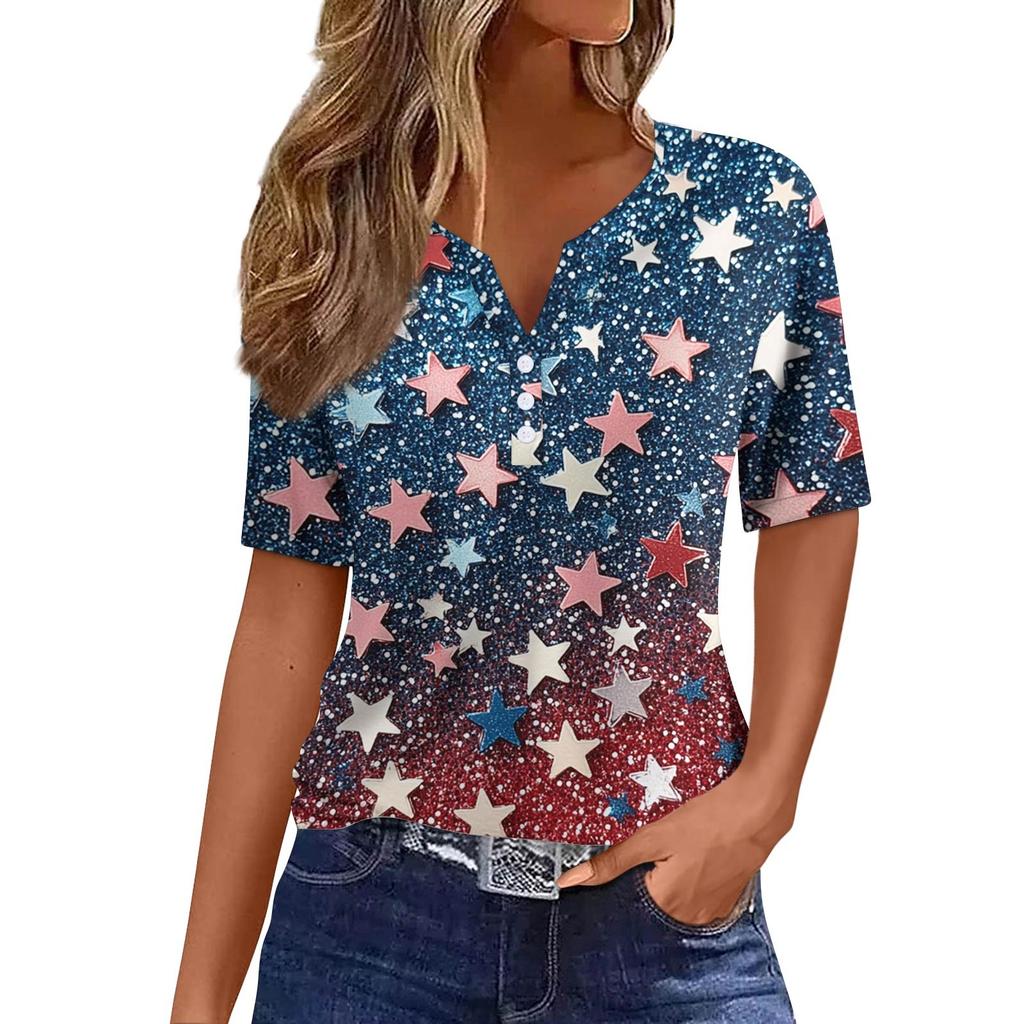 Women's Fashion Casual Independence Day Printed V-Neck Short Sleeve Button Top