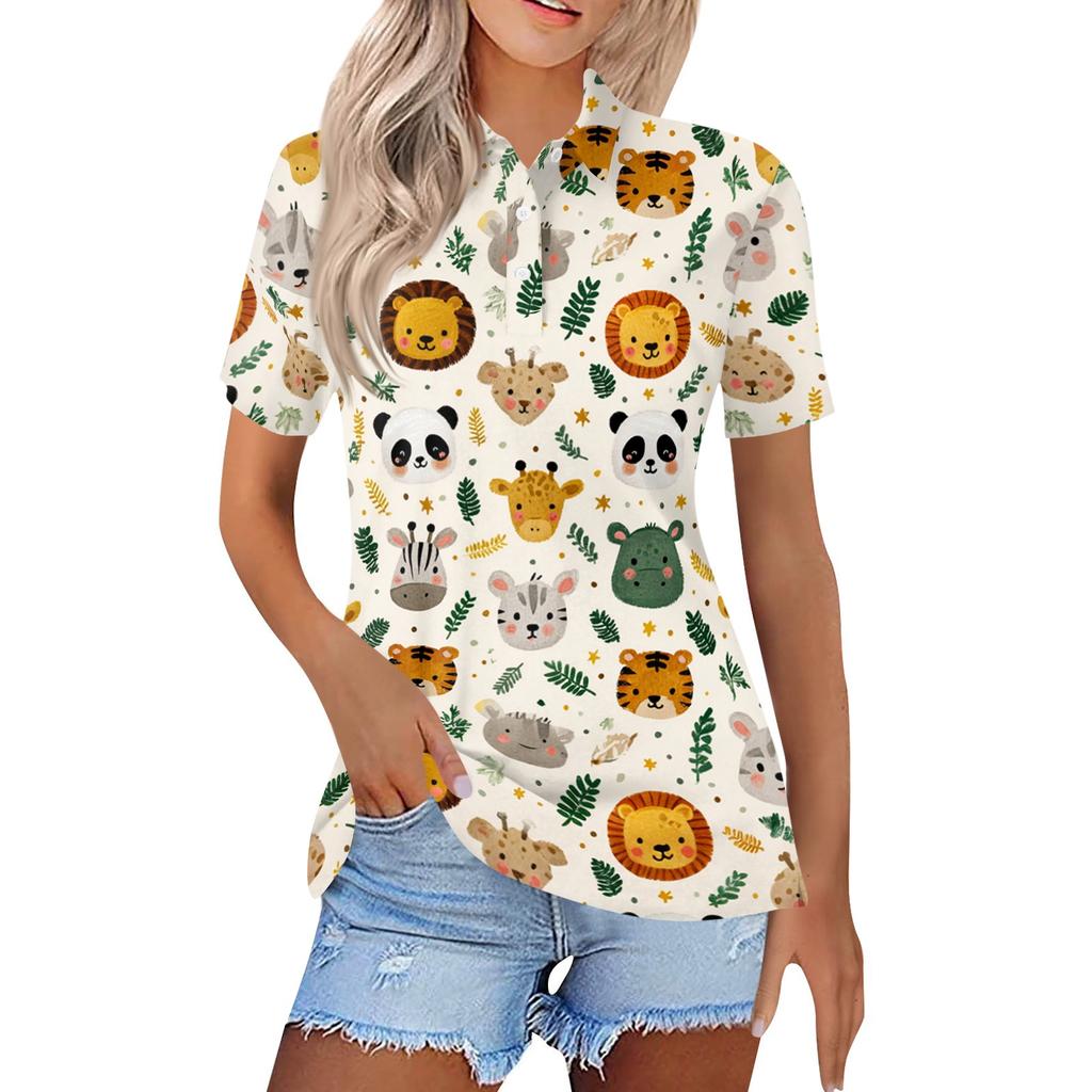 Women Casual Button Down Short Sleeve Polo Shirt with Cartoon Animal Print and Side Slits Lightweight Summer Top
