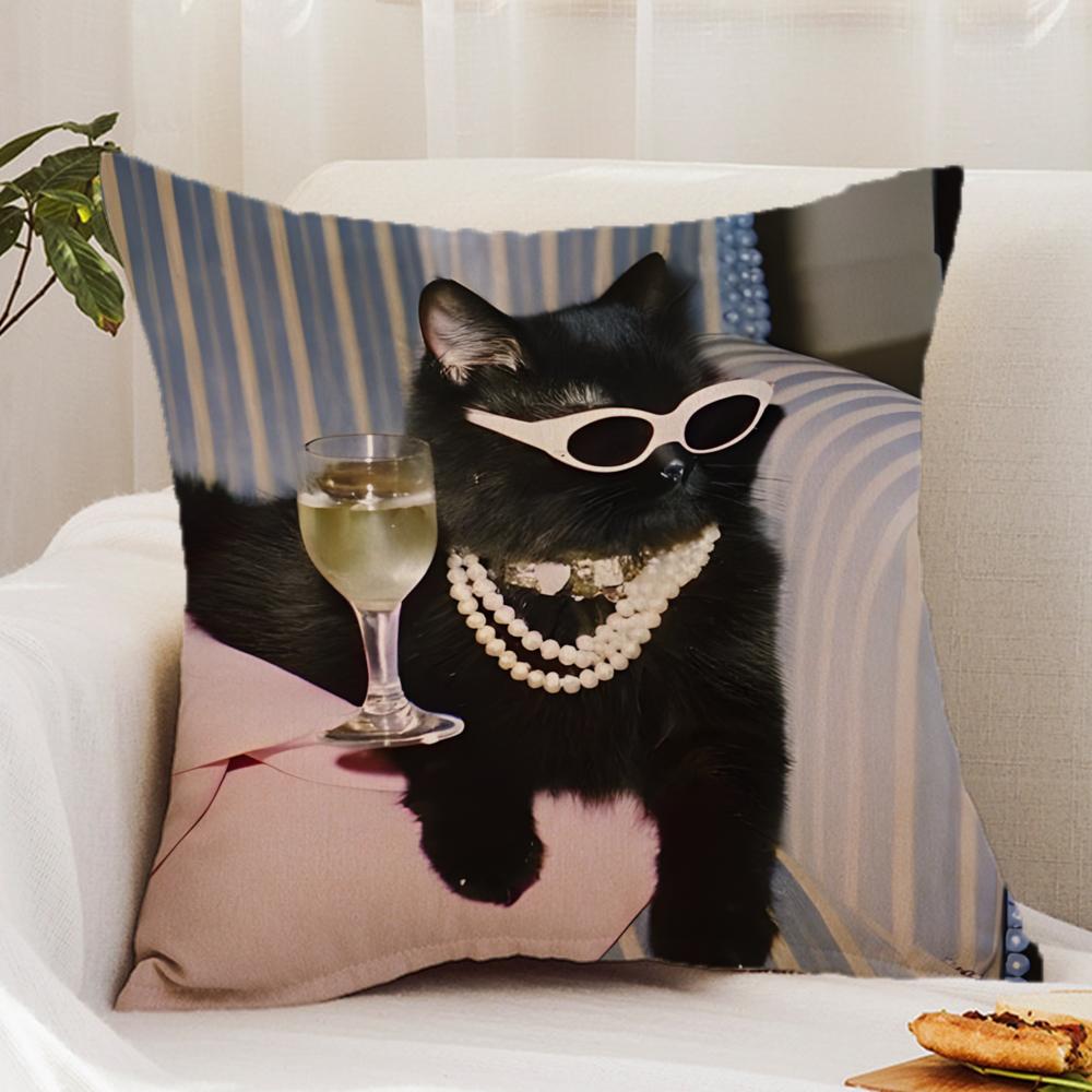 Black C-cat Cushion Cover Premium Comfort Reversible Pillow Cover - Dual - Use Design for Home & Car