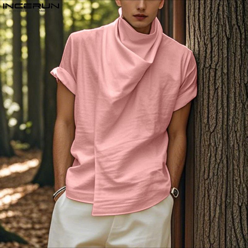 INCERUN Men High Swing Collar Short Sleeve Cotton Casual T-shirts Tops