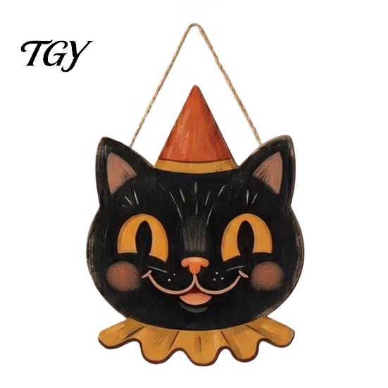 Entrance Door Hanging Decor Halloween Wooden Pendant with Lanyard, Retro Ghost/Pumpkin/Skull/Black Cat Solid Wood Festival Ornaments Decorations