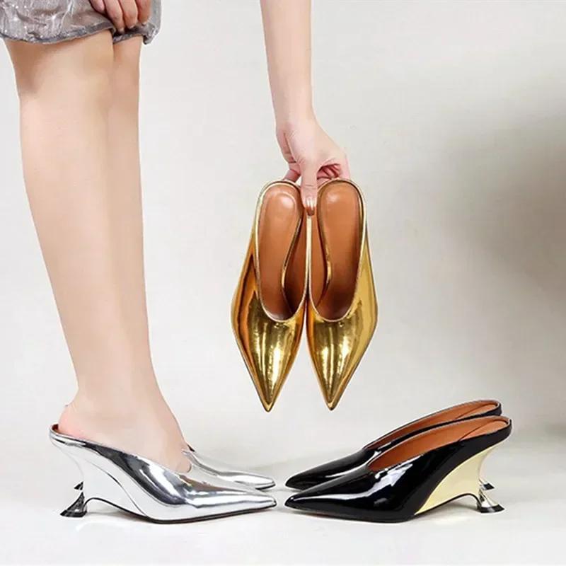 Móda Novinka Luxusní Designérské Klínkové Platformové Vysoké Podpatky Dámská Móda Špičatá Špička Společenské Boty Stříbrné Muly Nazouváky Dámské Lodičky