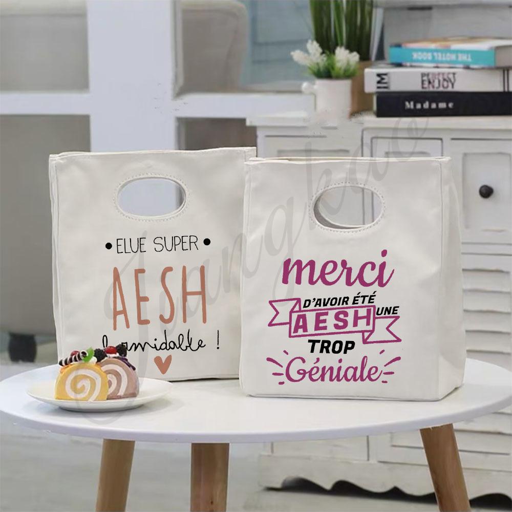 Merci Aesh Print Cooler Bags Lunch Bag Portable Insulated Canvas Thermal School Foods Storage Pouch Gradust Thanks Gift for Aesh
